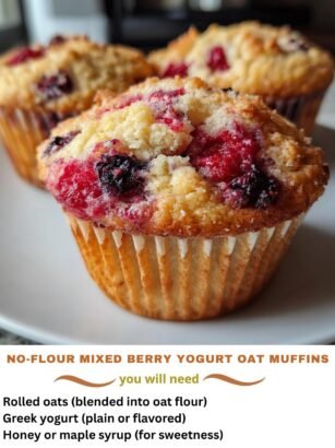 No-Flour Mixed Berry Yogurt Oat Muffins (Gluten-Free)