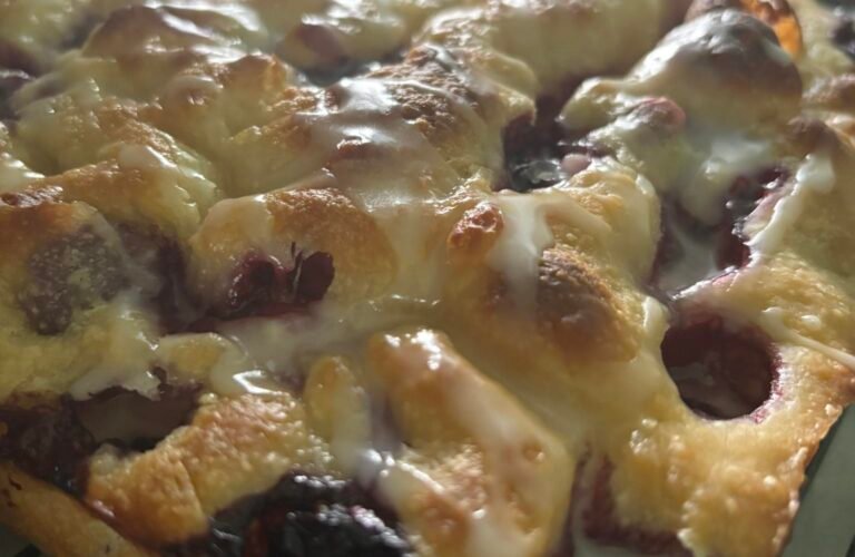 lemon blueberry sourdough foccacia with lemon icing drizzle