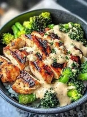 Grilled Chicken & Broccoli Bowls with Creamy Garlic Sauce