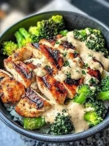 Grilled Chicken & Broccoli Bowls with Creamy Garlic Sauce