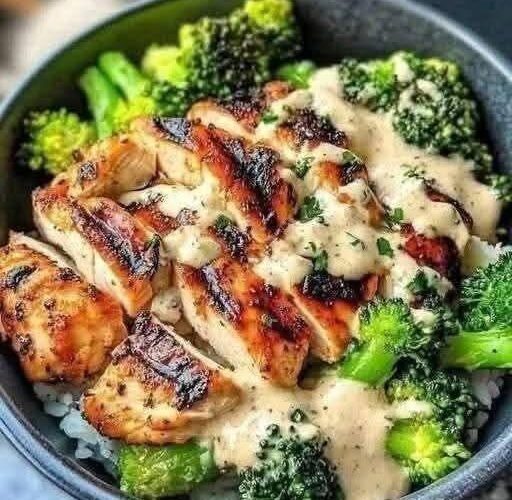 Grilled Chicken & Broccoli Bowls with Creamy Garlic Sauce