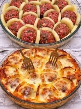 Cheesy Baked Meatball & Potato Casserole