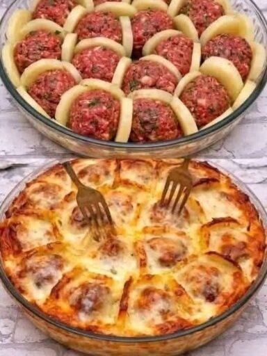 Cheesy Baked Meatball & Potato Casserole