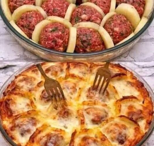 Cheesy Baked Meatball & Potato Casserole