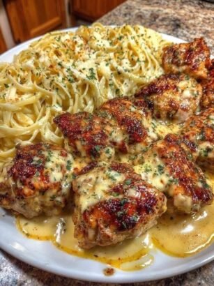 Creamy Garlic Butter Chicken & Linguine in Alfredo Sauce