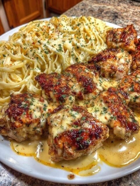 Creamy Garlic Butter Chicken & Linguine in Alfredo Sauce